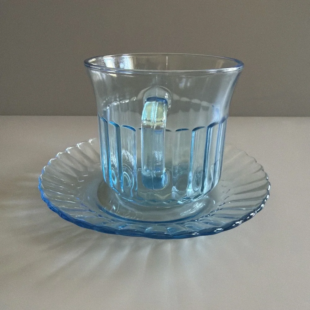 Vintage 1980s Fortecrisa Mexico Ice Azure Blue Glass Coffee Tea Cup & Saucer 8oz